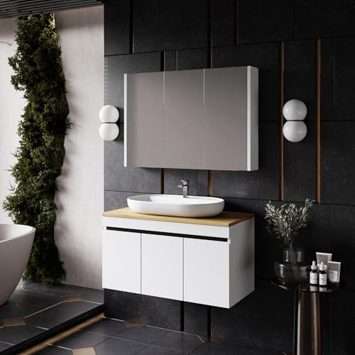 KAREN banyo Badmöbel Weiß | Badmöbelset mit Waschbecken | Waschtisch mit Unterschrank | Keramikwaschbecken | Spiegelschrank | Unterschrank | Badkombination 3 er Set (Venus 100 mit Konsole Eiche) von KAREN banyo