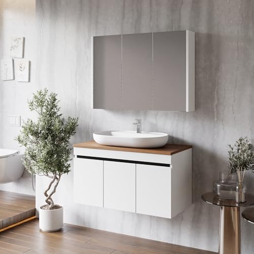 KAREN banyo Badmöbel Weiß | Badmöbelset mit Waschbecken | Waschtisch mit Unterschrank | Keramikwaschbecken | Spiegelschrank | Unterschrank | Badkombination 3 er Set (Venus 100 mit Konsole Walnuss) von KAREN banyo