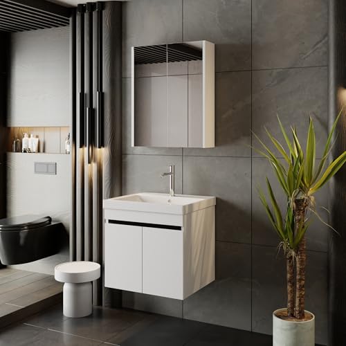 KAREN banyo Badmöbel Weiß | Badmöbelset mit Waschbecken | Waschtisch mit Unterschrank | Keramikwaschbecken | Spiegelschrank | Unterschrank | Badkombination 3 er Set (Venus 60) von KAREN banyo