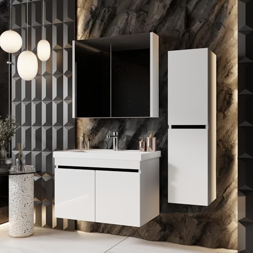 KAREN banyo Badmöbel Weiß | Badmöbelset mit Waschbecken | Waschtisch mit Unterschrank | Keramikwaschbecken | Spiegelschrank | Unterschrank | Badkombination 3 er Set (Venus 80) von KAREN banyo