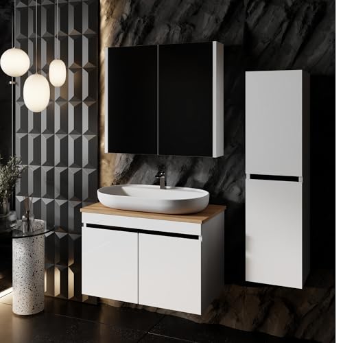 KAREN banyo Badmöbel Weiß | Badmöbelset mit Waschbecken | Waschtisch mit Unterschrank | Keramikwaschbecken | Spiegelschrank | Unterschrank | Badkombination 3 er Set (Venus 80 mit Konsole Eiche) von KAREN banyo