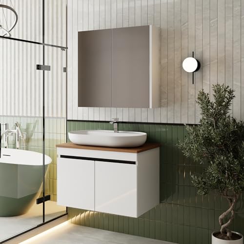 KAREN banyo Badmöbel Weiß | Badmöbelset mit Waschbecken | Waschtisch mit Unterschrank | Keramikwaschbecken | Spiegelschrank | Unterschrank | Badkombination 3 er Set (Venus 80 mit Konsole Walnuss) von KAREN banyo