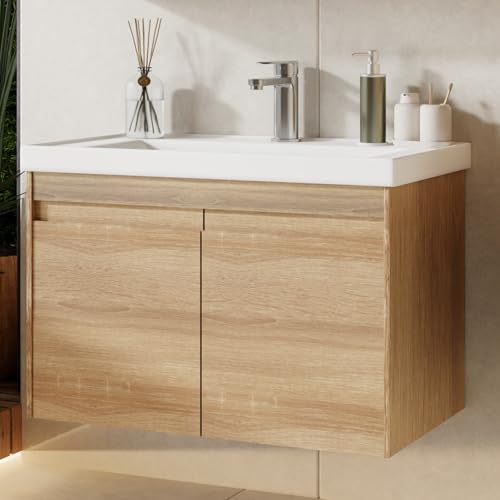 Karen Waschtisch mit Unterschrank City | Keramikwaschbecken | Unterschrank | Badmöbel | Holzfurnier | Sonoma Eiche | Einbauwaschbecken | Natur Stil | Badezimmerschrank (City 80) von KAREN banyo