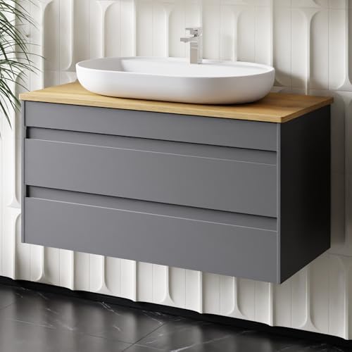 Karen Waschtisch mit Unterschrank Lara | Keramikwaschbecken | Unterschrank | Badmöbel | Aufsatzwaschbecken | Konsolenwaschtisch | Minimalistisch | Badezimmer Anthrazit (Lara 100 mit Konsole Eiche) von KAREN banyo