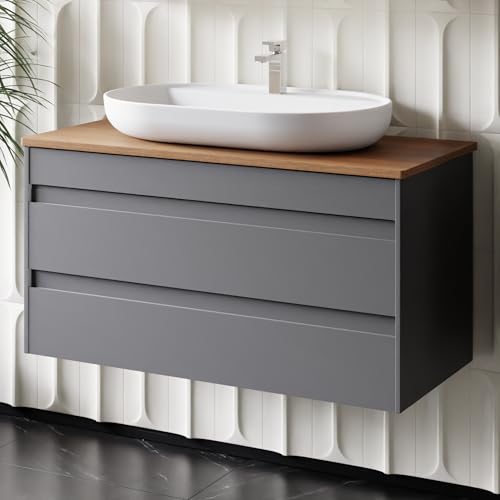 Karen Waschtisch mit Unterschrank Lara | Keramikwaschbecken | Unterschrank | Badmöbel | Aufsatzwaschbecken | Konsolenwaschtisch | Minimalistisch | Badezimmer Anthrazit (Lara 100 mit Konsole Walnuss) von KAREN banyo