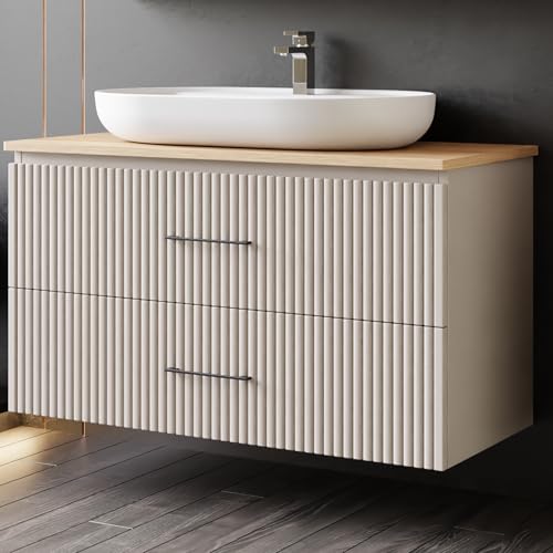 Karen Waschtisch mit Unterschrank Liana | Keramikwaschbecken | Unterschrank | Badmöbel | Aufsatzwaschbecken | Konsolenwaschtisch | Elegant | Badezimmer | Riffeloptik (Liana 100 mit Konsole Eiche) von KAREN banyo