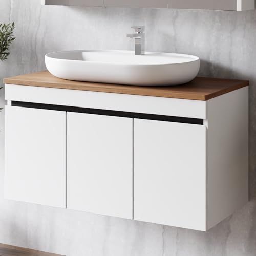 Karen Waschtisch mit Unterschrank Venus Weiß | Keramikwaschbecken | Unterschrank | Badmöbel | Aufsatzwaschbecken | Konsolenwaschtisch | Moderner Stil | Badezimmer (Venus 100 mit Konsole Walnuss) von KAREN banyo