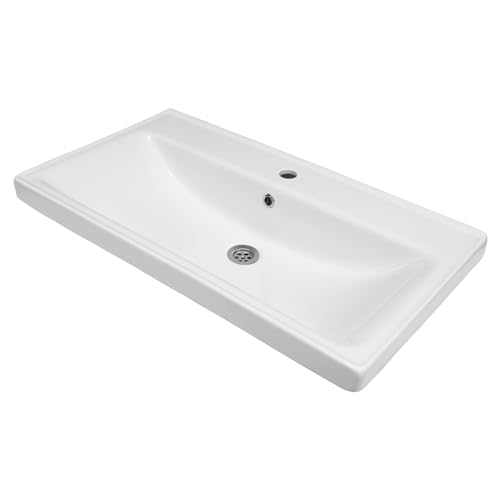 Keramik Einbauwaschbecken Sky 80 cm Breit Weiß | eckige Form mit Hahnloch & Überlauf| 80 x 10 x 45 cm | Waschbecken Gästewaschbecken Handwaschbecken Badezimmer WC von KAREN banyo