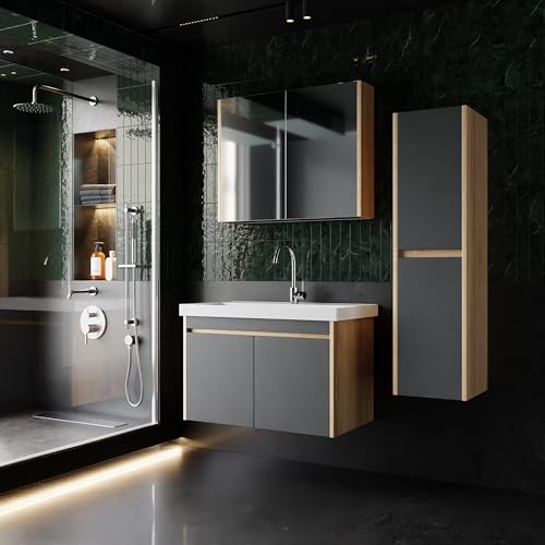 Komplettprogramme Badezimmermöbel Set Dallas 80 cm | Keramikwaschbecken | Spiegelschrank | Unterschrank | Hochschrank | Waschbeckenunterschrank Waschbeckenschrank Badezimmerschrank Badmöbelset von KAREN banyo