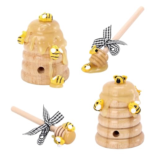 Biene Tiered Tablett Dekor - 2 Mini Bienenstöcke aus Holz, 2 Honiglöffel mit Schleifen, Dekorationen für Frühling und Sommer, Bauernhaus, Zuhause, Küchenregal, Partyzubehör von KAREN66