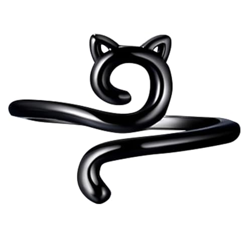 Häkelring für Fingergarn verstellbare Strickschlaufe Katze Kitty Ohren offener Ring Metall Garnführung Fingerhalter Strickfingerhüte Stricken Häkeln Loop Ring Geflochtener Fingerring (Schwarz) von KAREN66