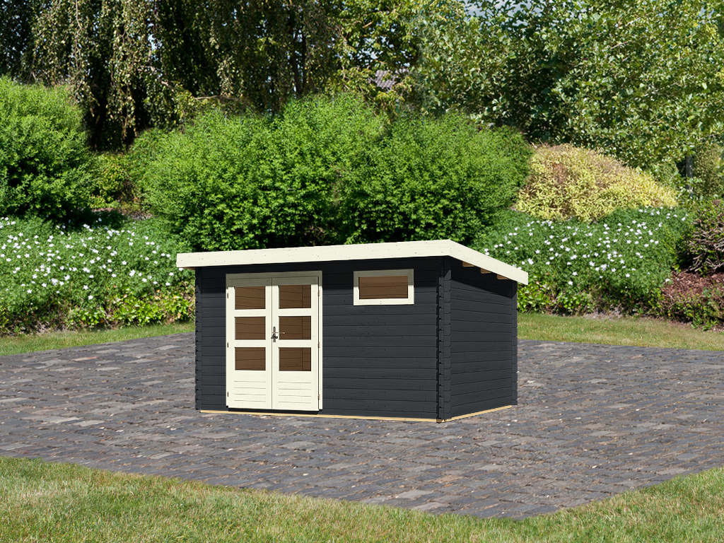 KARIBU Gartenhaus Blockbohlenhaus Bastrup 8 28 mm anthrazit - BxTxH: 387x297x222 cm, Sockelmaß: BxT: 370x280 cm, inkl. Doppeltür mit Lichtausschnitten von KARIBU