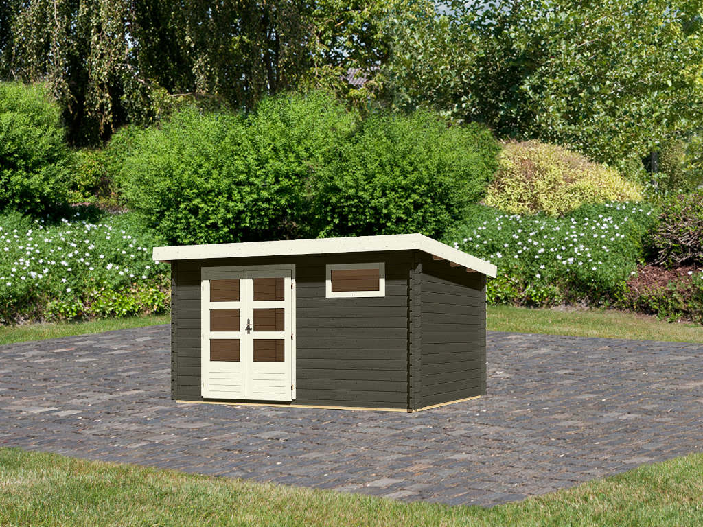 KARIBU Gartenhaus Blockbohlenhaus Bastrup 8 28 mm terragrau - BxTxH: 387x297x222 cm, Sockelmaß: BxT: 370x280 cm, inkl. Doppeltür mit Lichtausschnitten von KARIBU