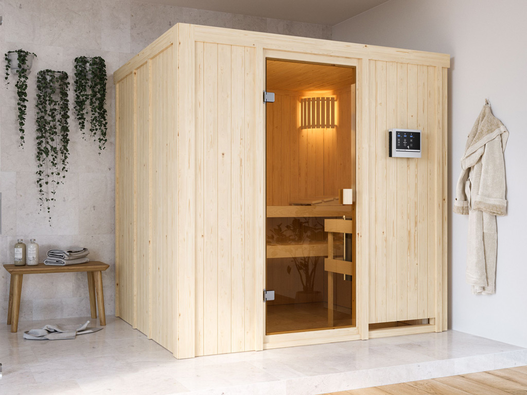 KARIBU Sauna Systemsauna SPARSET Celine 2 inkl. 9 kW Bio-Ofen mit ext. Steuerung - BxT X H: 196x178x198 cm, inkl. 2 Liegen, inkl. 9 kW Bio-Kombiofen + von KARIBU