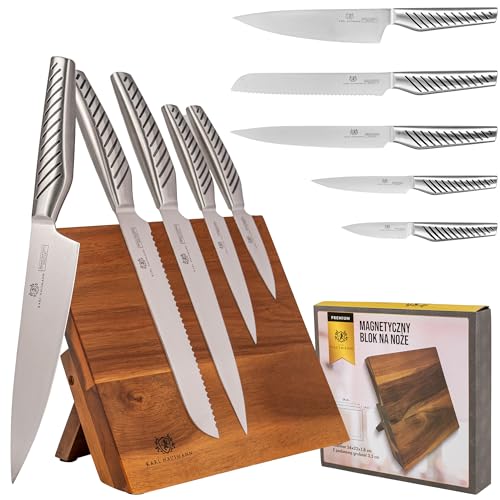 KARL HAUSMANN Messerblock Magnetisch mit Messer - 5 teilig - Magnetischer Messer Block aus Akazienholz - Messer set aus Edelstahl - Kitchen Knife Set - Küchen Messerset - Küchenmesser Block von KARL HAUSMANN