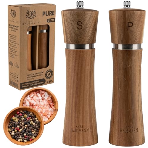 KARL HAUSMANN Salz und Pfeffermühle Holz Set Manuelle - 22 cm - Gewürzmühle mit Verstellbarem Keramikmahlwerk - Pfeffermühlen - Salt and Pepper Grinder - 2er Mühlenset - mühle aus Akazienholz von KARL HAUSMANN