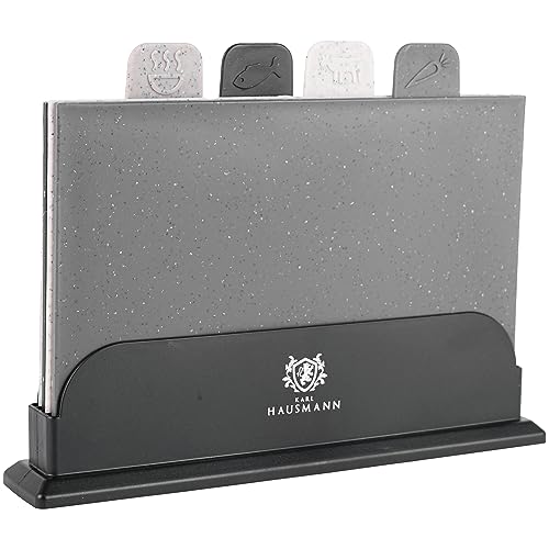 KARL HAUSMANN Schneidebretter Kunststoff Set mit Ständer - 29x19,5 cm - 4er Frühstücksbrettchen - Küchen Brettchen Set - Küchenbrett Spülmaschinenfest - Cutting Board Set - Küchenbretter mit Halter von KARL HAUSMANN