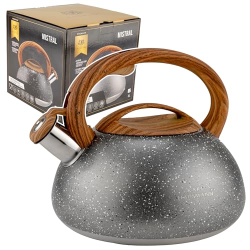 KARL HAUSMANN Wasserkessel Induktion - 3L - Grau Marmor Teekessel mit Automatischer Pfiff - Edelstahl Wasserkocher für Induktionsherd, Gasherd und Elektroherd - Pfeifkessel - Teekanne von KARL HAUSMANN