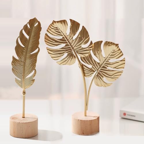 KARLOR 2 Stück Goldene Statue Deko, Feder Skulptur + Schildkrötenblatt Statue Deko,Heim Ornamente Skulpturen Metall Blätter Gold, Wohnzimmer Tischdeko Nachttisch Desktop Deko Nordischer Stil Geschenk von KARLOR