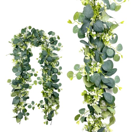 KARLOR 2 Stück Künstliche Blumengirlande Pflanze Girlanden Eukalyptus Weiße Blume Girlande Künstliche Pflanze Kunstpflanze zum Aufhängen für Hintergrund Hochzeit Dekoration Tischläufer Garten von KARLOR