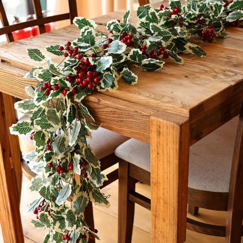 KARLOR 2 Stück Weihachten Künstliche Pflanzen Girlande mit Rot Beerenstielen, Weihachten Girlande Deko Künstliche Pflanze Kunstpflanze zum Aufhängen Weihnachten Tischläufer Deko Hochzeit Dekoration von KARLOR