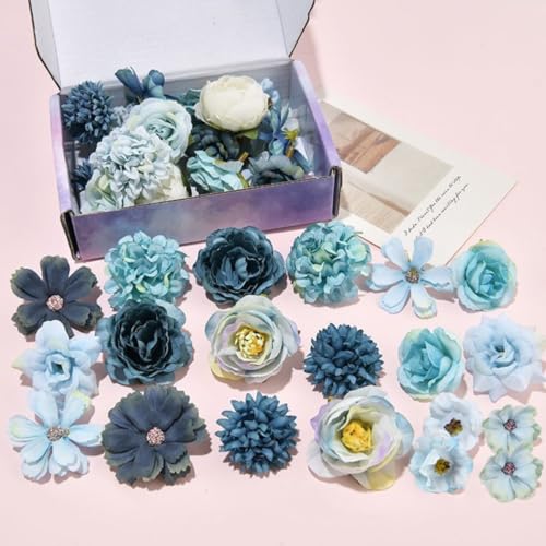 KARLOR 20 Stück Kunstblumen zum basteln Rose Künstlicher Blumen Blüten Hortensien Dahlien Gänseblümchen Blumen Deko Seidenblumen Hortensien für DIY Hochzeits-Brautsträuße Handkunstwerk (Blau) von KARLOR