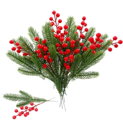KARLOR 35 Pcs Künstliche Tannenzweige Mix rot Früchte Weihnachten Kiefernzweige Kunst Tannenzweige deko Künstlich wie echt Kunstkiefernnadel Weihnachtsbaumzweige für Girlandenkranz Weihnachten Deko von KARLOR