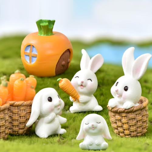 KARLOR 7 Pcs Kaninchen Figuren Set, Miniatur Kaninchen Gartendeko Niedliche Hasen Tierfiguren Tischdeko Ornamente Mikro-Landschaft Hasen Karotten Bambuskorb Puppenhaus Dekoration Hasen Skulptur deko von KARLOR