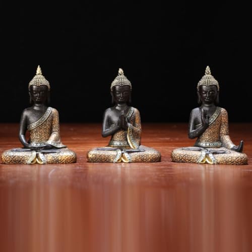 KARLOR Buddha Figuren Set, 3 Stück Thai Buddha Statuen Deko klein Buddha Skulpturen Kunstharz Schwarzgolden Meditationsraum Haus Garten Innen Außendeko Skulptur Tisch Auto Dekofigur Gartenfigur von KARLOR