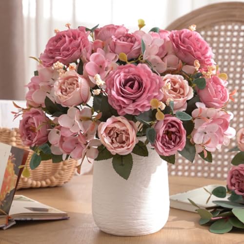 KARLOR Künstlich Blumenstrauß Set, 2 Bündel Kunstblumen Pfingstrosen Hortensien rosa Kunstblumen wie Echt Seidenpfingstrosen Hochzeit Blumenarrangements Tischaufsätze Heim Deko (rosa & dunkelrosa) von KARLOR