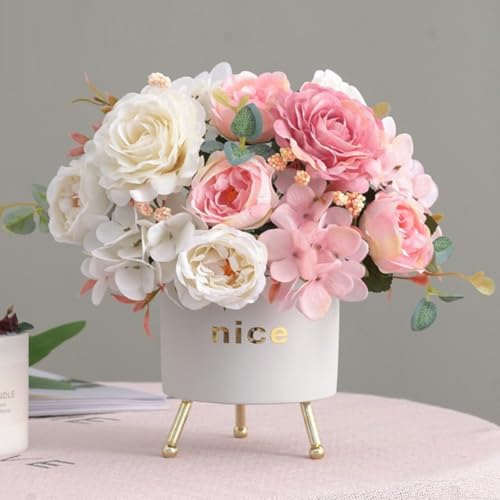 KARLOR Künstlich Blumenstrauß Set, 2 Bündel Kunstblumen Pfingstrosen Hortensien rosa Kunstblumen wie Echt Seidenpfingstrosen Hochzeit Blumenarrangements Tischaufsätze Heim Deko (rosa & weiß) von KARLOR