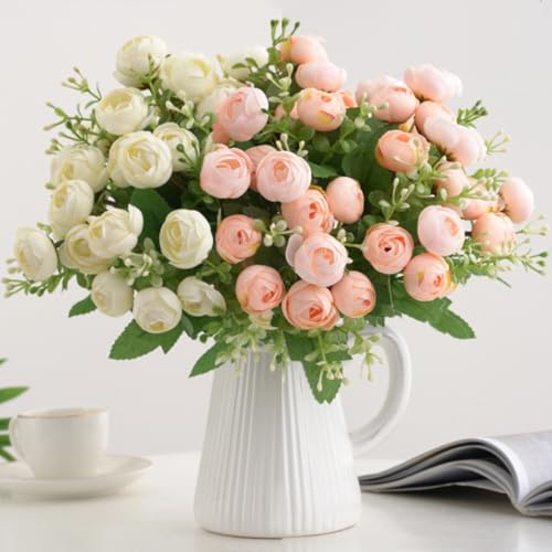 KARLOR Künstlich Blumenstrauß Set, 2 Bündel je 15 Blüten, Frühling Kunstblumen Tea Rose Pfingstrosen weiß Champagne Kunstblumen wie Echt Heim Hochzeit Blumen Deko (Champagne & weiß) von KARLOR
