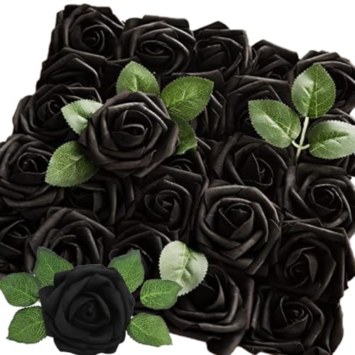 KARLOR Künstliche Blumen Rosen Schwarz 25 Stück Kunstblumen Schwarz Rosenköpfe Fake Rosen Seideblumen Blumenarrangements für Halloween Deko Punk Party Blumen Deko (Schwarz) von KARLOR