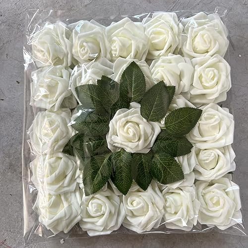 KARLOR Künstliche Blumen Rosen weiß 25 Stück Kunstblumen Rosenköpfe elegant Fake Rosen Seideblumen Blumenarrangements Hochzeitsdeko Geburtstagsdeko Party Blumen Deko (Milkweiß) von KARLOR