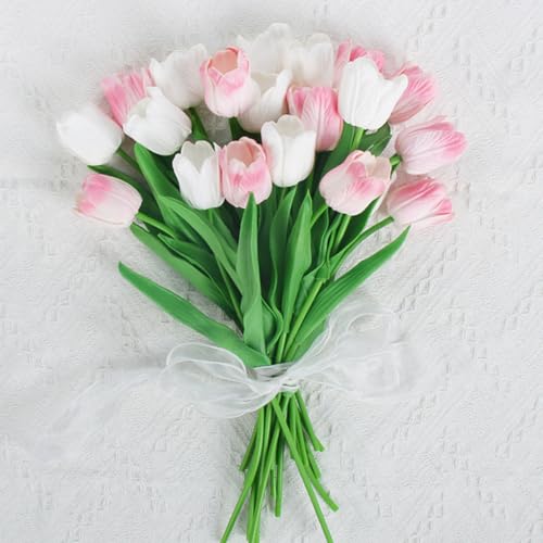 KARLOR Kunstblumen 10 Pcs Tulpen künstliche Blumen Strauß weiß rosa Tulpen künstlich wie echt Kunsttulpen Tulpen Latex Tulpenstrauß Heimdeko Hochzeitsstrauß (weiß & Hellrosa) von KARLOR
