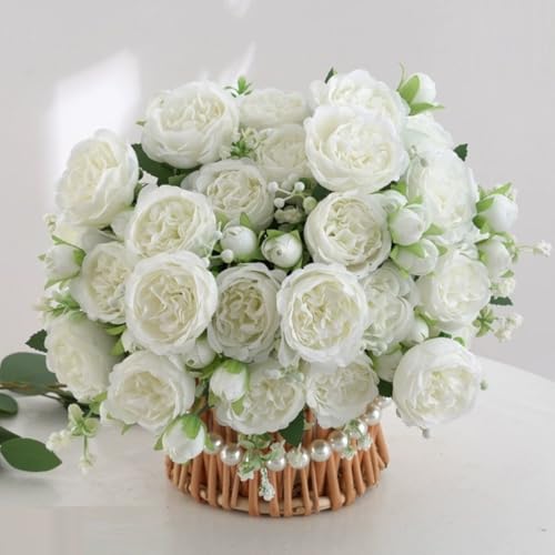 KARLOR Kunstblumen Set, 2 Bündel weiß Rosen Künstlich Blumen Pfingstrosen Seidenrosen weiß Kunstblumen wie Echt Heim Hochzeit Blumenstrauß Deko von KARLOR
