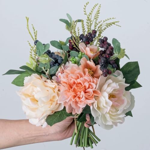 KARLOR Kunstblumen Set, Künstlich Blumenstrauß Pfingstrosen Dahlie Beeren,Kunstblumen Wie Echt Seidenrosen Hochzeit Blumensträuße Frühlingsblumen Kunstblumen Heim Deko(Rosa & weiß) von KARLOR