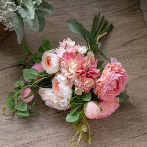 KARLOR Kunstblumenstrauß Künstliche Blumen Deko Ranunkel Hortensien Pfingstrose Seide Blumenarrangements für Zuhause Blumenstrauß Hochzeit Garten Kunstblumen wie echt (Rosa & Champagner) von KARLOR