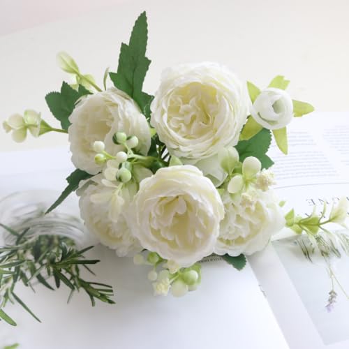 KARLOR Kunstrose Strauß weiß Rose künstlich Blumen Hochzeit Kernstück Kunstblumen weiß 5 groß Blütenköpfe & 4 kleine Blütenknospen, Persische Rosen Künstliche Rose Hochzeitsstrauß Dekoration Haus Deko von KARLOR