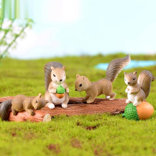 KARLOR Mini Eichhörnchen Figuren, 4 PCS Set Eichhörnchen auf Baumstamm Tannenzapfen Miniatur Eichhörnchen Ornamente Tier aus Harz Mikro-Landschaftsdekoration Topfpflanzen Deko Gartendeko von KARLOR
