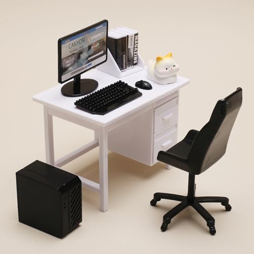 KARLOR Miniatur Computertisch-Set, 9 teilig Bürotisch Set, Mini Computer Tastatur Maus Bücherregal Bücher Computerstuhl Computertisch, Mini Möbel Spielzimmer Büro Zubehör Miniatur Szene Dekoration von KARLOR