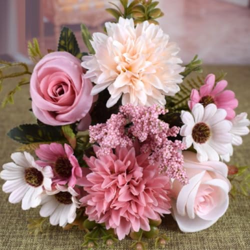 KARLOR Rosa Kunstblumen Rosen Blumenstrauß Hortensien Dahlien Gänseblümchen Künstlicher Pflanzen Blumen Deko Blumenarrangements Hochzeit kunstblumen wie echt Heim Tisch Deko（10 Blütenköpfe/7 Zweigen） von KARLOR