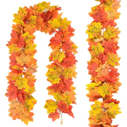 KARLOR künstliche Ahornblätter Girlande, 2 Pcs 176cm Kunst Herbstblätter Reben Seide Ahornblatt Girlande Kunstahornblätter Hängepflanze Herbst Deko Zuhause Garten Halloween von KARLOR