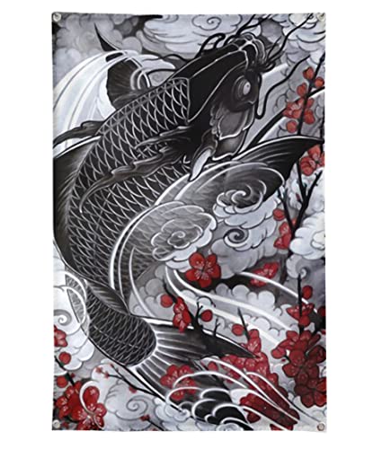 Großer 125x190CM Kohaku schwarzer Koi-Karpfen Wandteppich Wandbehang Japanese Style | Japan ukiyo-e Manga Wandtuch Tuch Tapestry XXL | Wanddeko für Wohnzimmer Geschenk ästhetisch von KARMA-X