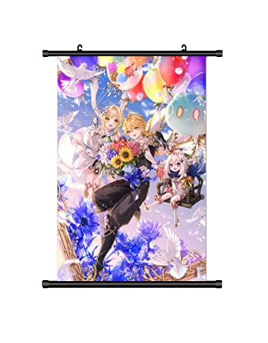 KARMA-X Großes 60x90CM Genshin Impakt Kakemono Rollbild | Anime Manga Stoffposter Wallscroll Poster | Wanddeko Geschenk | Aether & Lumine von KARMA-X