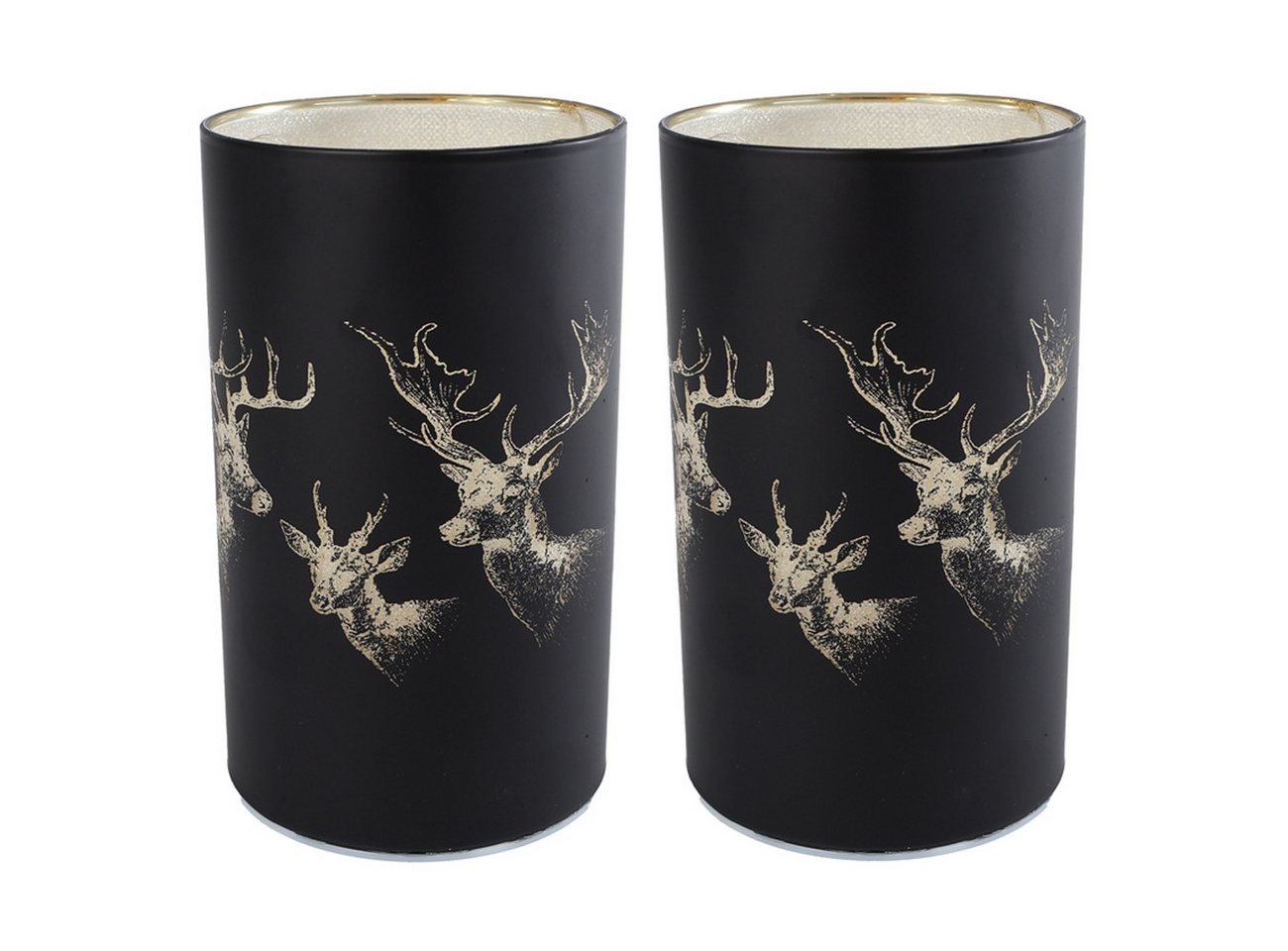 KARMA Windlicht Schwarz 2er Set Gold Glas rund 9 x 15 cm Weihnachtsdeko (Teelichthalter Tisch Dekoration Kerzenhalter, Deko), Hirsch Weihnachten Deko von KARMA