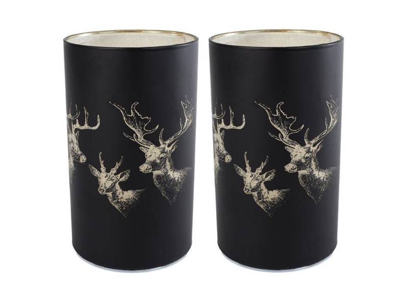KARMA Windlicht Schwarz 2er Set Gold Glas rund 9 x 15 cm Weihnachtsdeko (Teelichthalter Tisch Dekoration Kerzenhalter, Deko), Hirsch Weihnachten Deko von KARMA