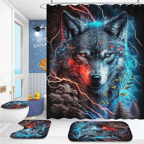 KARPIX 4-teiliges Wolf Duschvorhang-Sets Waldmond Duschvorhang 180x200 Wald Mond Wolf Wasserdicht Polyester Stoff Bad Vorhäng mit 12 Haken (1,180x200cm) von KARPIX