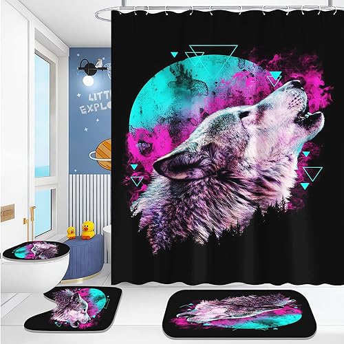 KARPIX 4-teiliges Wolf Duschvorhang-Sets Waldmond Duschvorhang 180x200 Wald Mond Wolf Wasserdicht Polyester Stoff Bad Vorhäng mit 12 Haken (10,180x200cm) von KARPIX