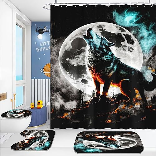 KARPIX 4-teiliges Wolf Duschvorhang-Sets Waldmond Duschvorhang 180x200 Wald Mond Wolf Wasserdicht Polyester Stoff Bad Vorhäng mit 12 Haken (3,120x200cm) von KARPIX